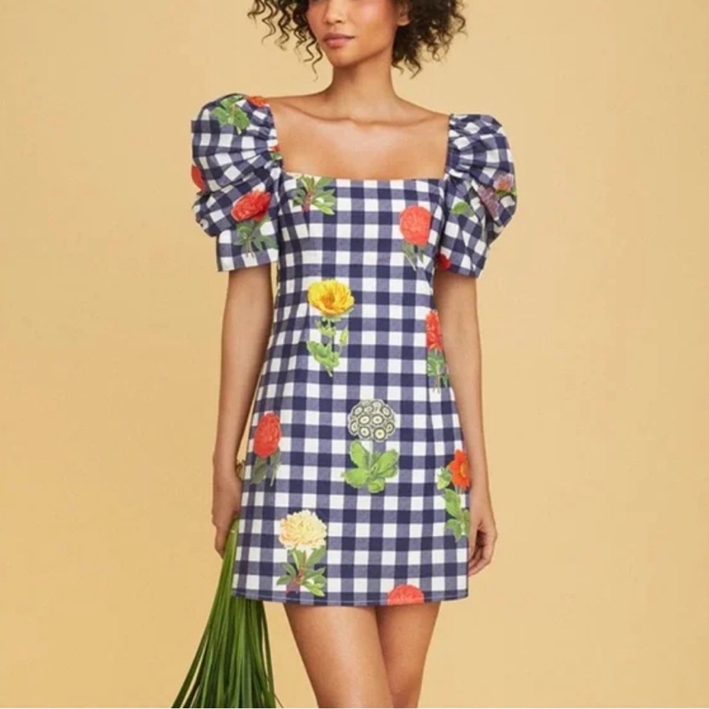 NWT Cara Cara Navy Gingham floral Kelly Dress - Picture 2 of 5